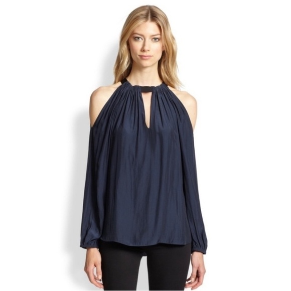 Ramy Brook Meryl Cold Shoulder Blouse In Navy Blue - Picture 1 of 12